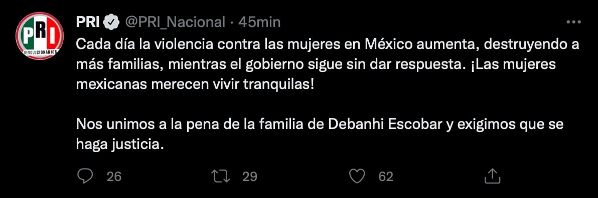 PRI señala al gobierno de AMLO por no frenar violencia contra mujeres