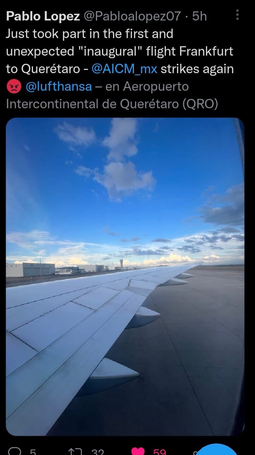 Pasajero se burla de vuelo 'inaugural' Frankfurt - Querétaro de Lufthansa