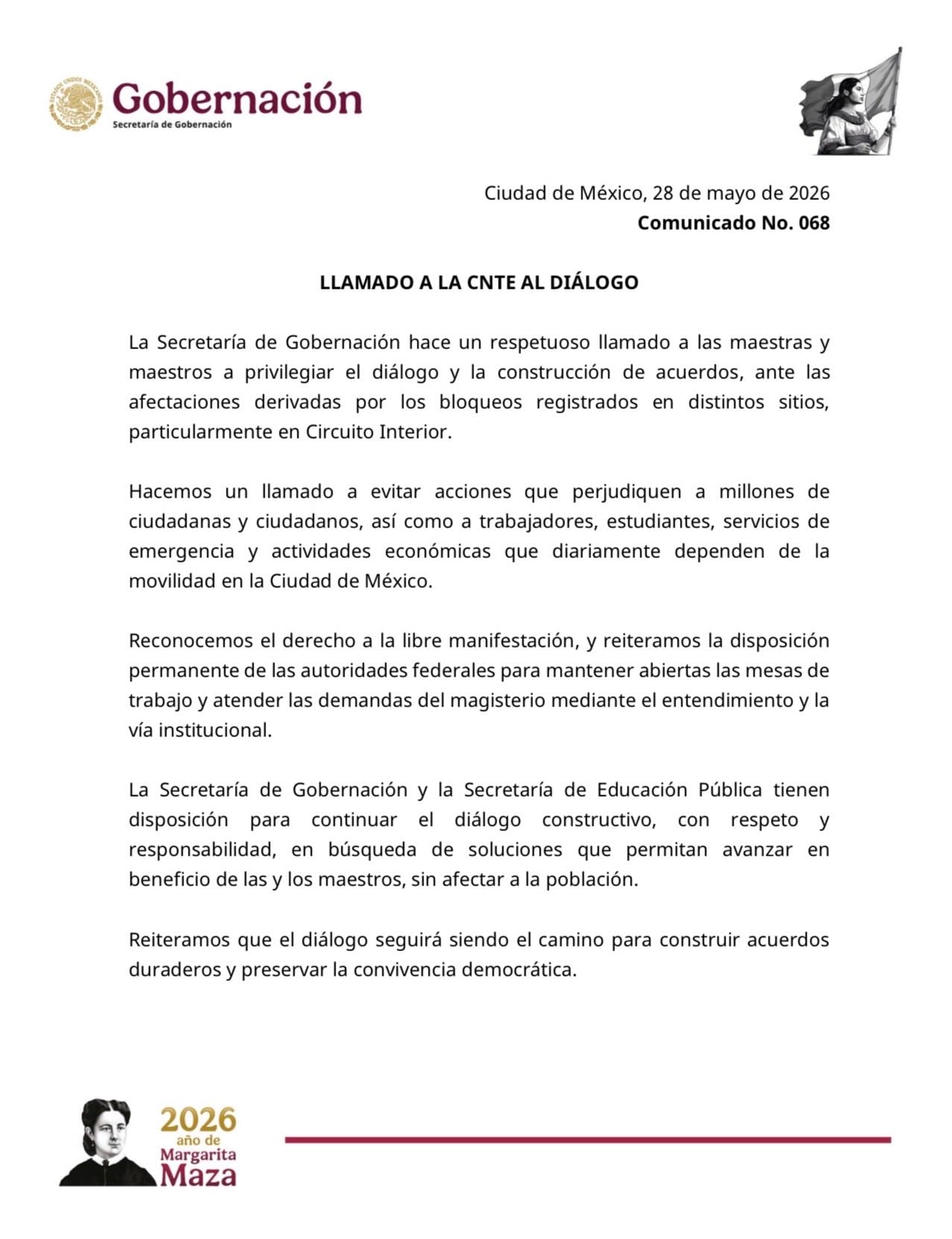 Gobernación urge a la CNTE a mantener el diálogo ante bloqueos en CDMX
