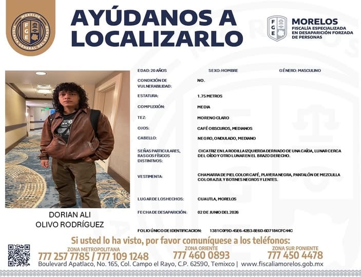 UAEM se suma a la búsqueda de Dorian Ali Olivo Rodríguez, alumno desaparecido