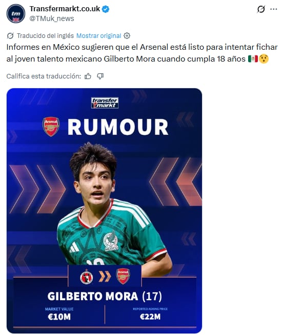 Arsenal muestra interés por Gilberto Mora.