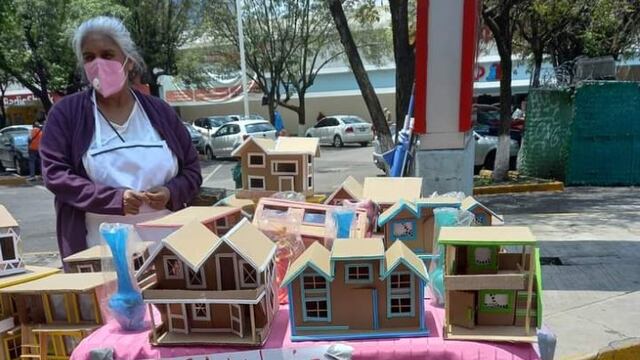 Abuelita intercambia casitas de cartón por despensa