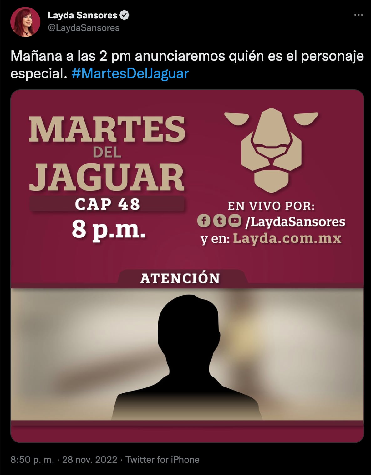 Layda Sansores: Martes del Jaguar del martes 29 de noviembre tendrá un personaje especial