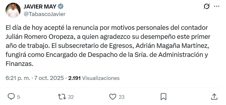 Gobernador de Tabasco informa renuncia de Julián Romero