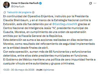Operativo Enjambre: cae alcalde de Cuautla, confirma García Harfuch