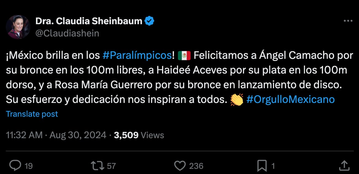 Claudia Sheinbaum felicita a los medallistas mexicanos