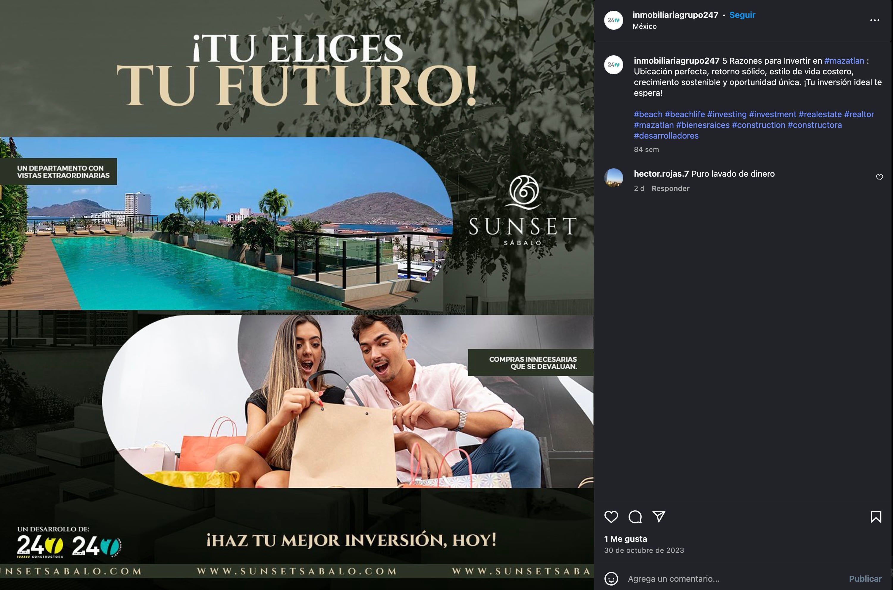 La última publicación de Inmobiliaria 247, empresa vinculada a José Raúl Núñez Ríos "el Lic".