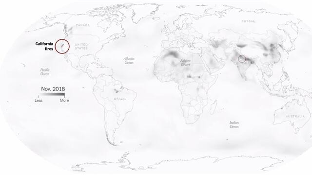 El mapa de contaminación difundido por el New York Times.