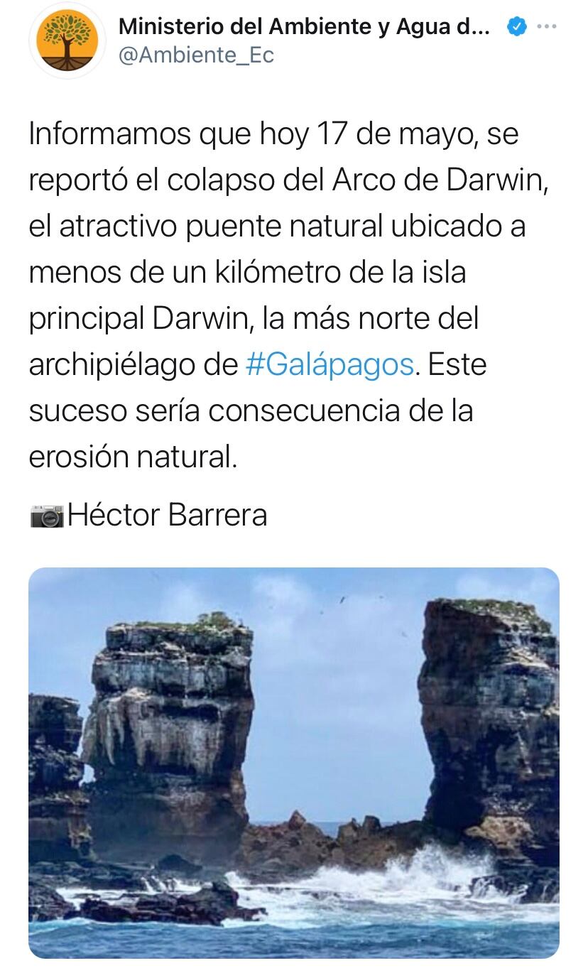 Ministerio de Ambiente de Ecuador sobre el colapso del 'Arco de Darwin'