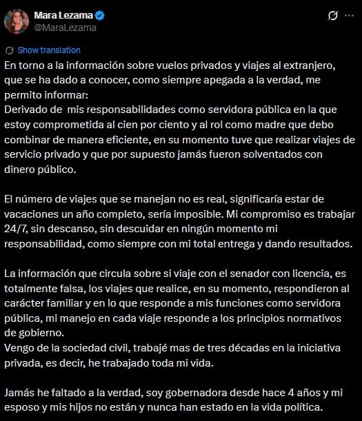 Mara Lezama responde por sus vuelos privados: niega uso de dinero público