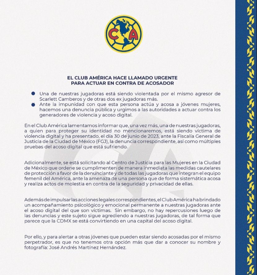 Comunicado del Club América y Club América Femenil para denunciar acoso contra una jugadora del plantel.