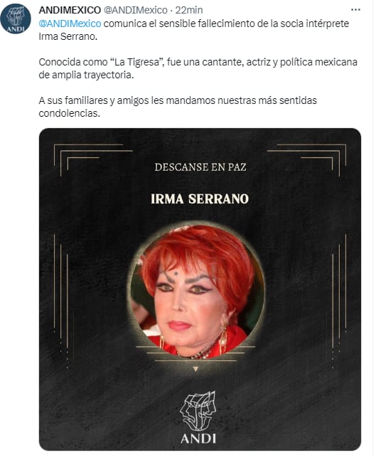 La ANDI confirma la muerte de Irma Serrano, La Tigresa.