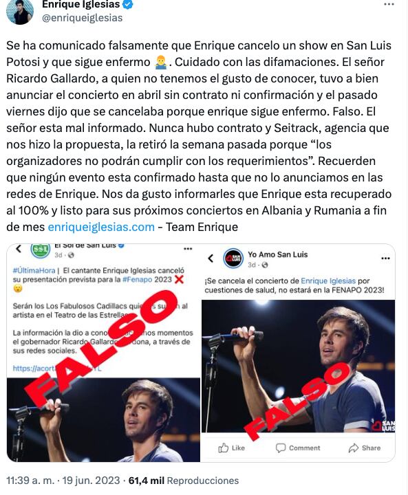 Enrique Iglesias no canceló concierto en San Luis Potosí: “Está recuperado al 100%”
