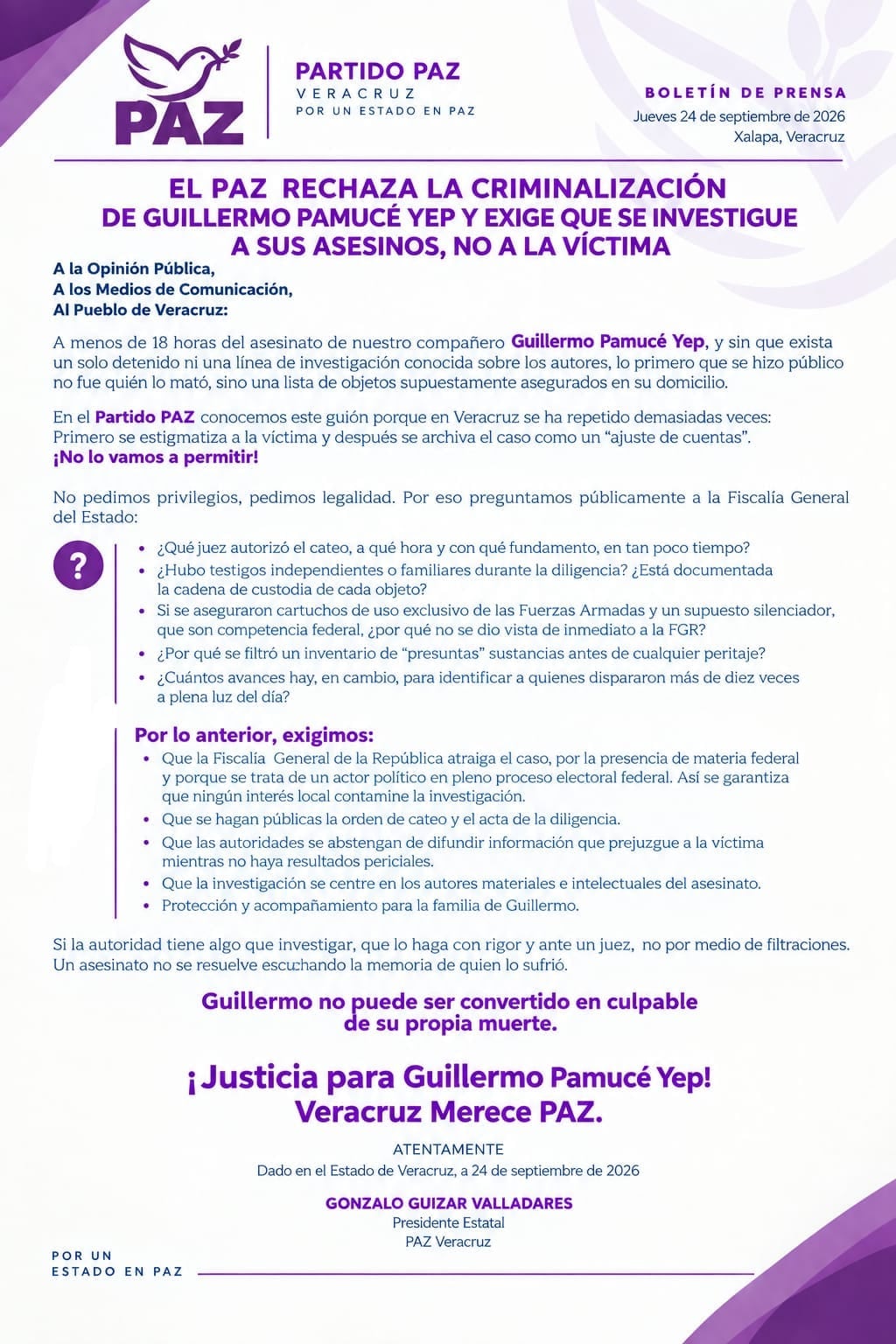 Partido PAZ condena criminalización de Guillermo Pamuce Yep tras su asesinato