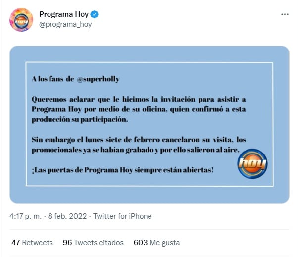 Programa Hoy sobre la presencia de SuperHolly