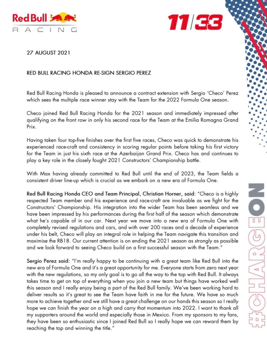Comunicado del 'Checo' Pérez y Red Bull.
