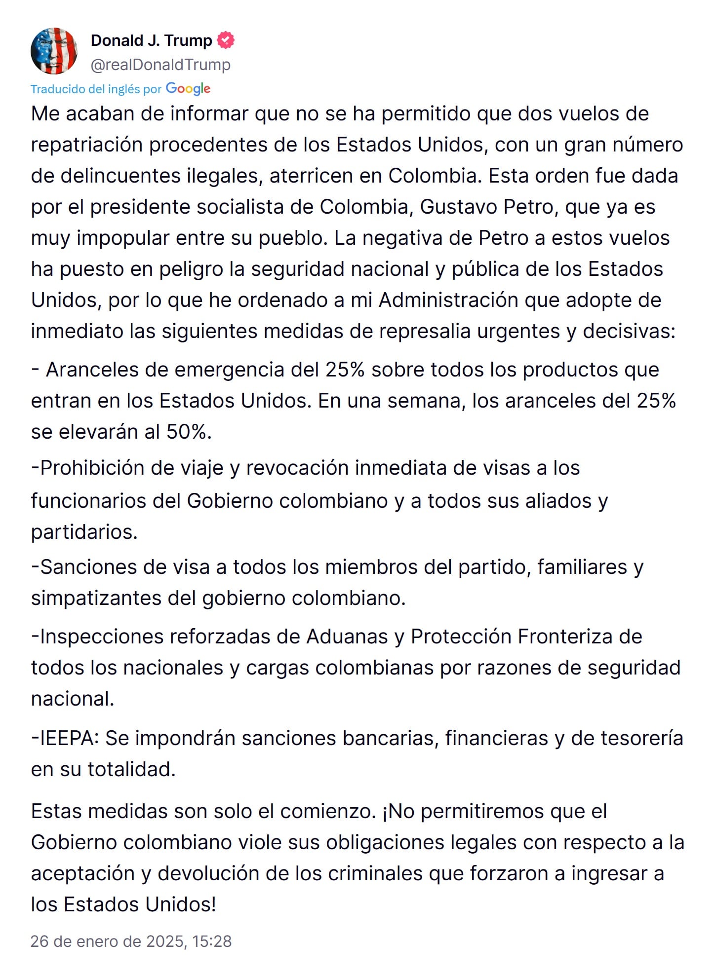 Donald Trump anuncia 25% de aranceles y restricción de visa tras choque con Gustavo Petro