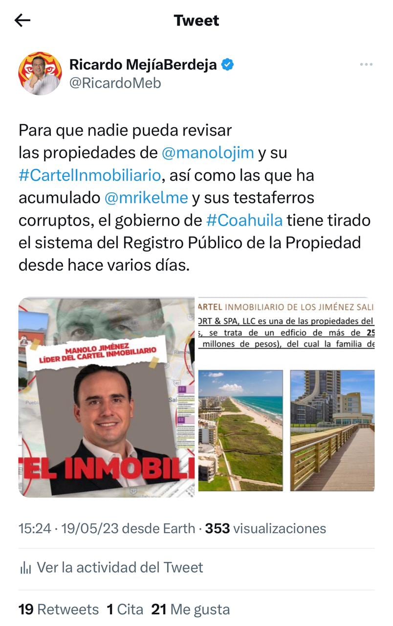Ricardo Mejía denuncia a Manolo Jiménez y su cártel inmobiliario