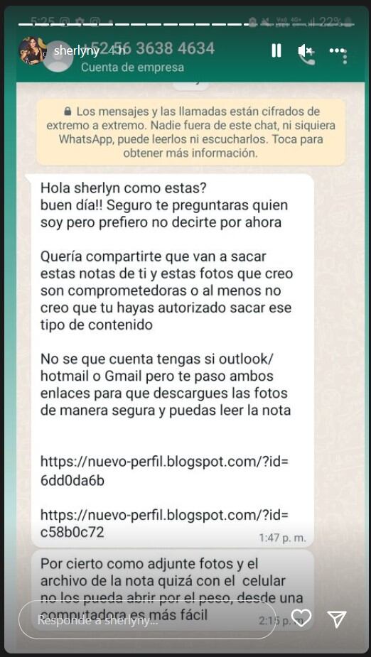 Historia de Sherlyn sobre posible extorsión