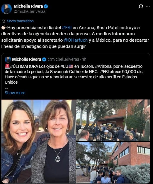 Estados Unidos pide apoyo a García Harfuch por secuestro de Nancy Guthrie