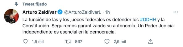 Tuit del ministro Arturo Zaldívar