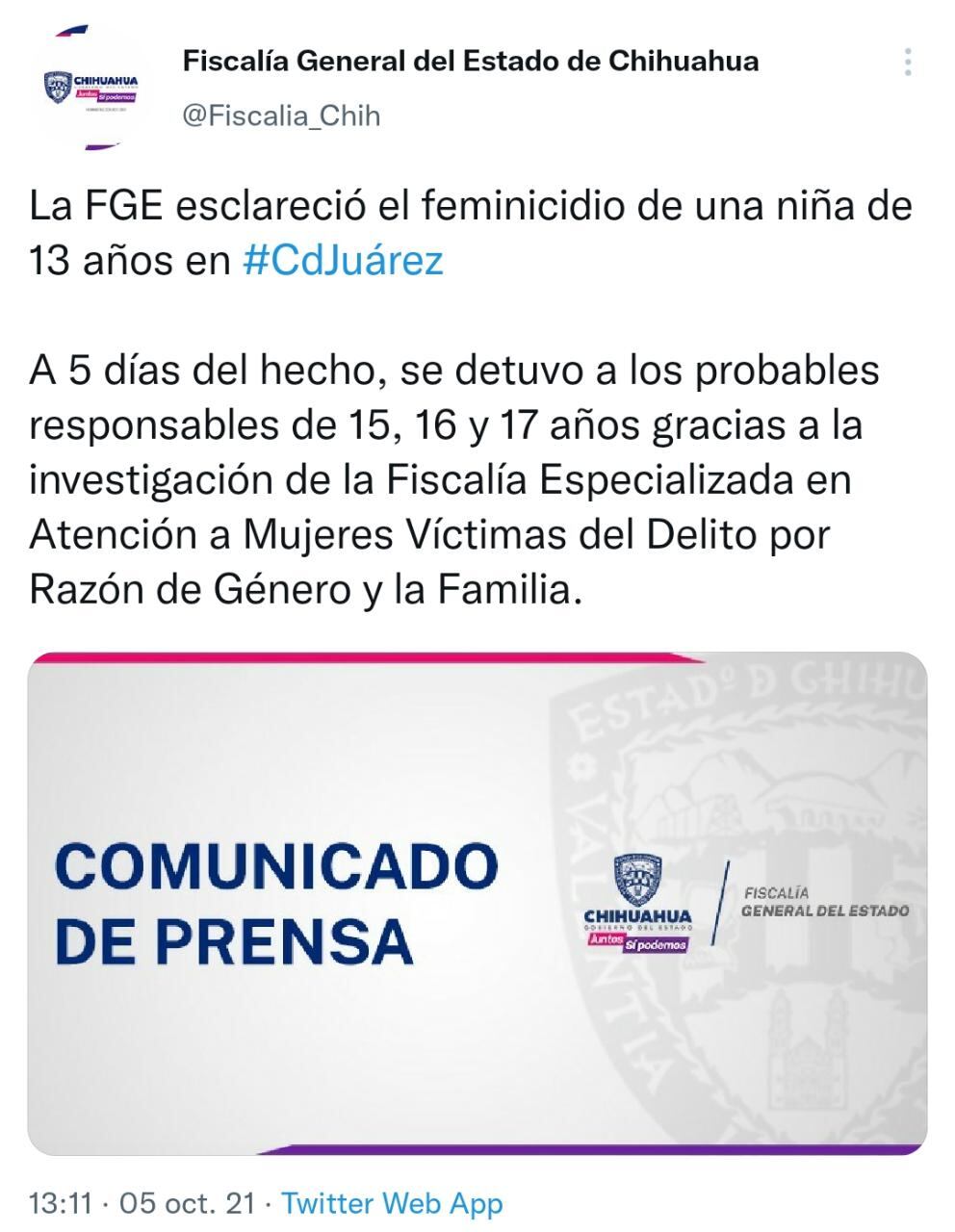 Comunicado de la Fiscalía de Chihuahua