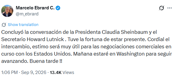 Ebrard informa que concluyó la conversación entre Sheinbaum y Howard Lutnick