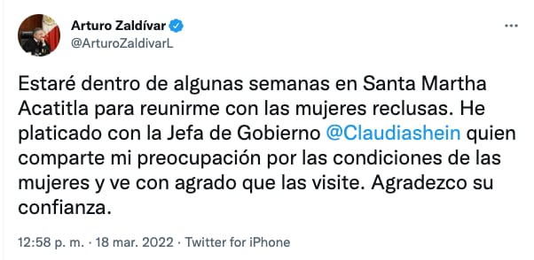 Arturo Zaldívar sobre su visita al penal de Santa Martha
