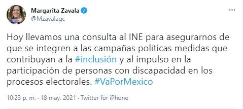 Margarita Zavala pide al INE inclusión de personas con discapacidad