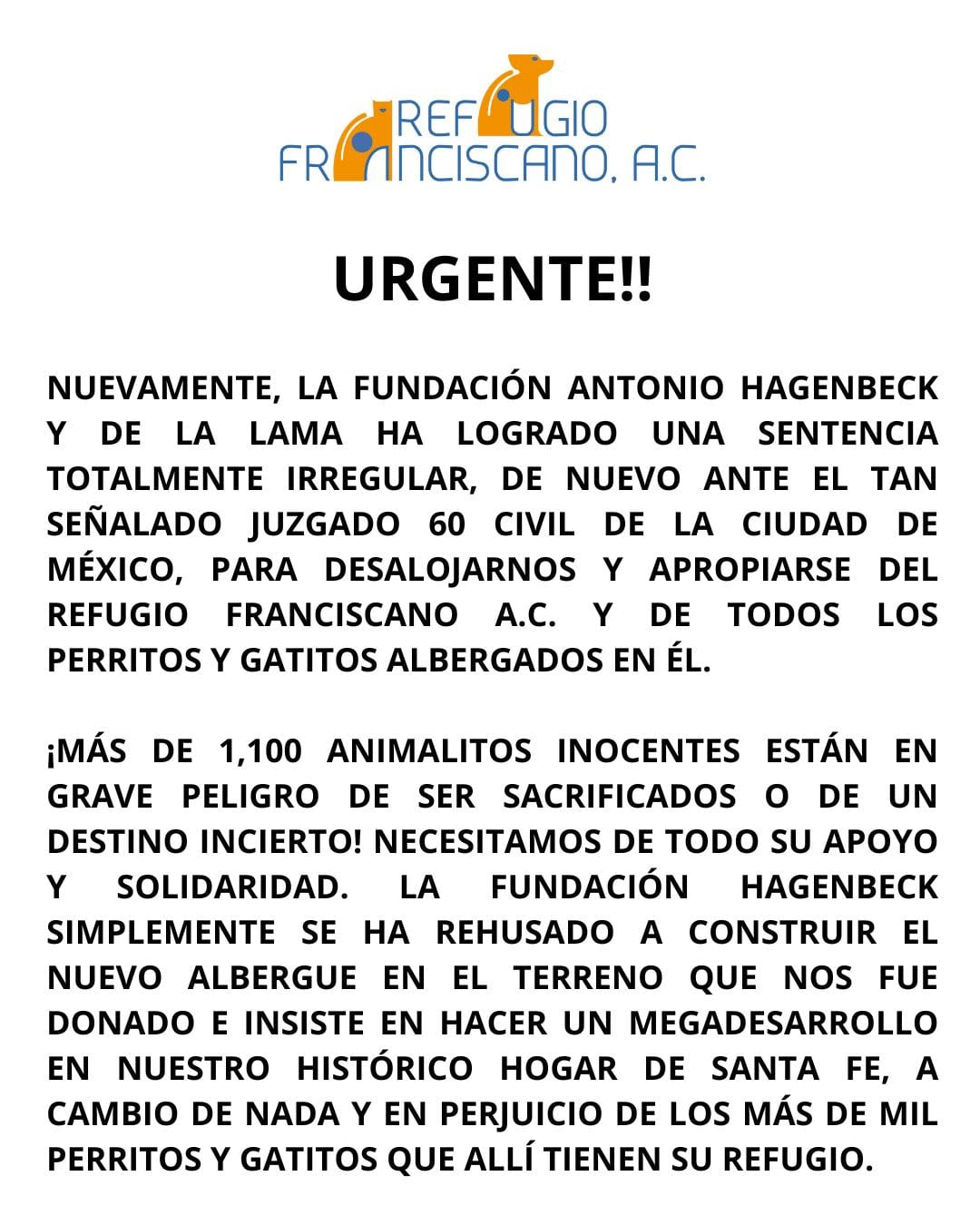 Refugio Franciscano denuncia desalojo que pone en riesgo a más de mil animales rescatados