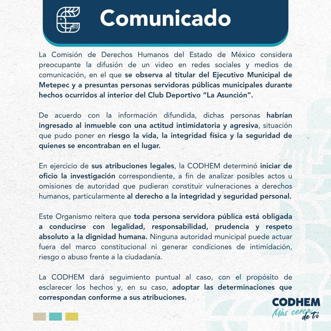 CODHEM abre investigación por caso de Fernando Flores en club deportivo de Metepec