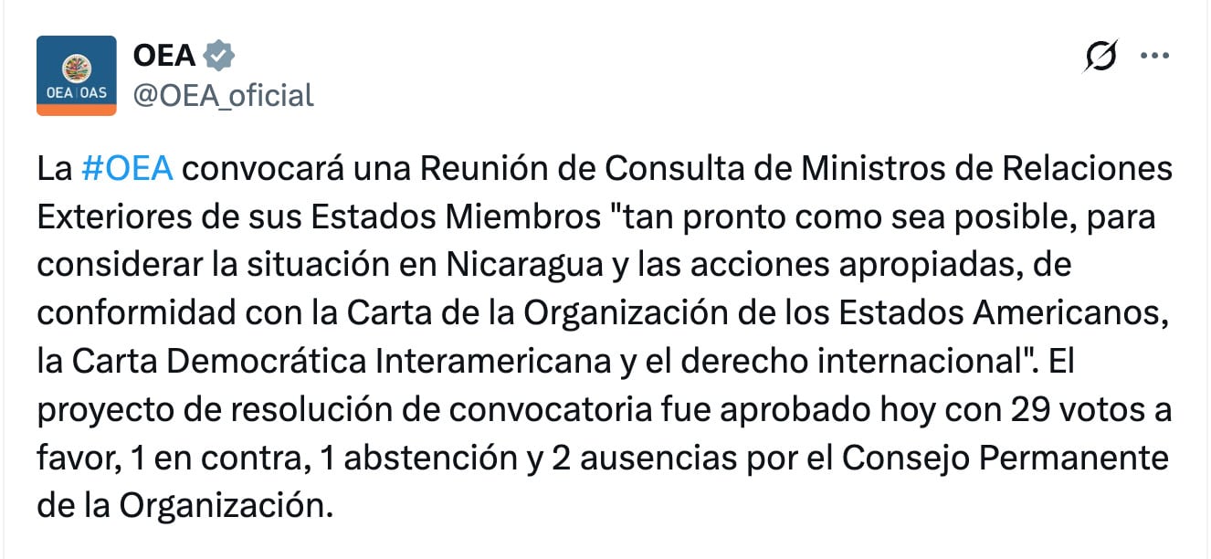 México se abstiene en la OEA sobre resolución de Estados Unidos por Nicaragua