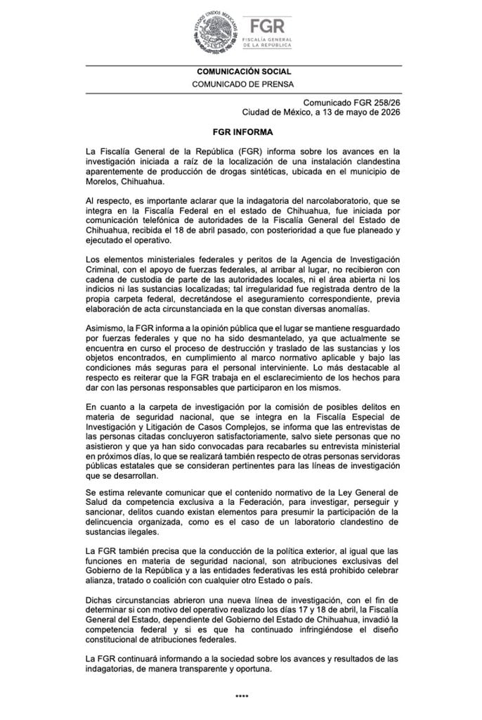 FGR analiza si Fiscalía de Chihuahua excedió facultades en caso de narcolaboratorio