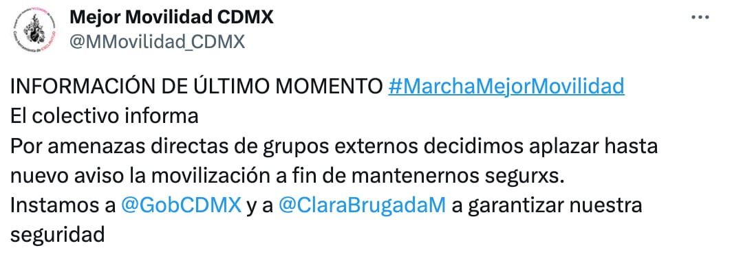 Cancelan mega marcha "Por una Mejor Movilidad" en la CDMX