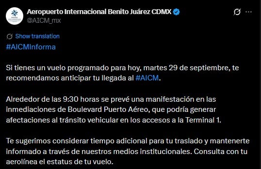 AICM alerta por manifestación este martes: prevén afectaciones en Terminal 1