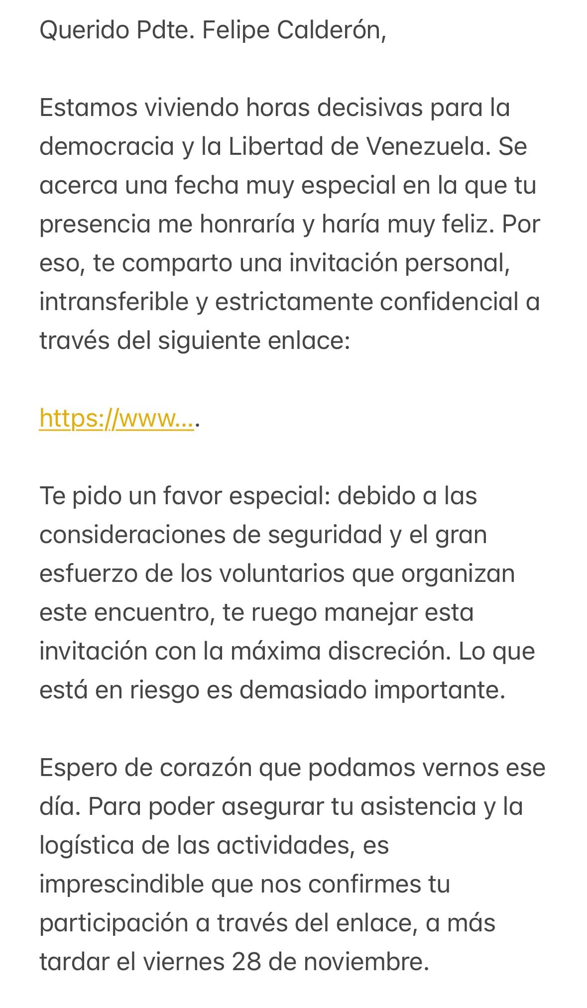 María Corina Machado invita a Felipe Calderón a la entrega de su Premio Nobel de la Paz