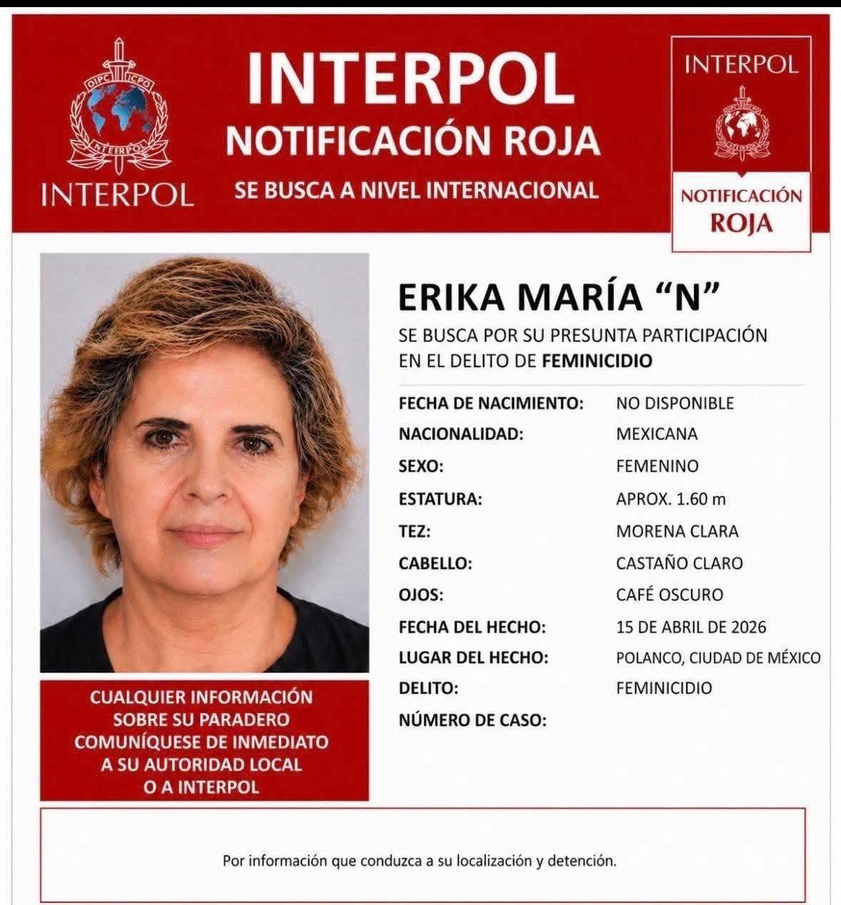Ficha roja de la Interpol contra Erika Guadalupe Herrera