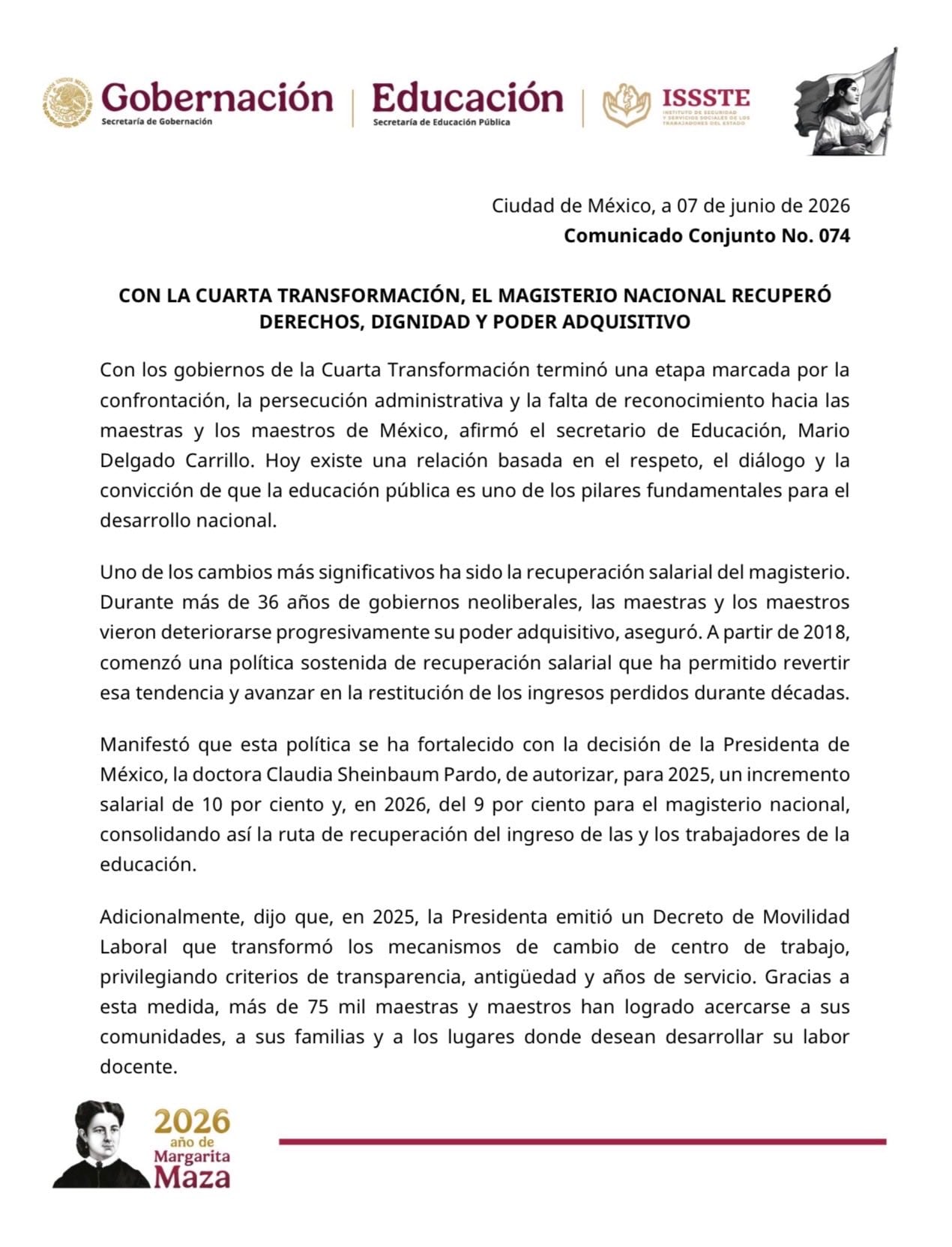 Comunicado de Segob y SEP sobre actividades en pro de la CNTE.
