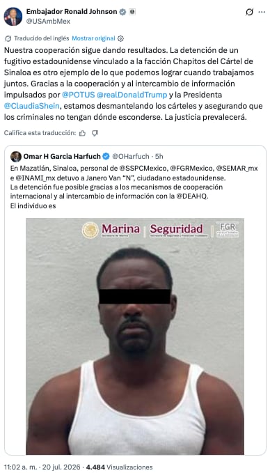Johnson celebra cooperación con Sheinbaum tras captura de vinculado a Los Chapitos