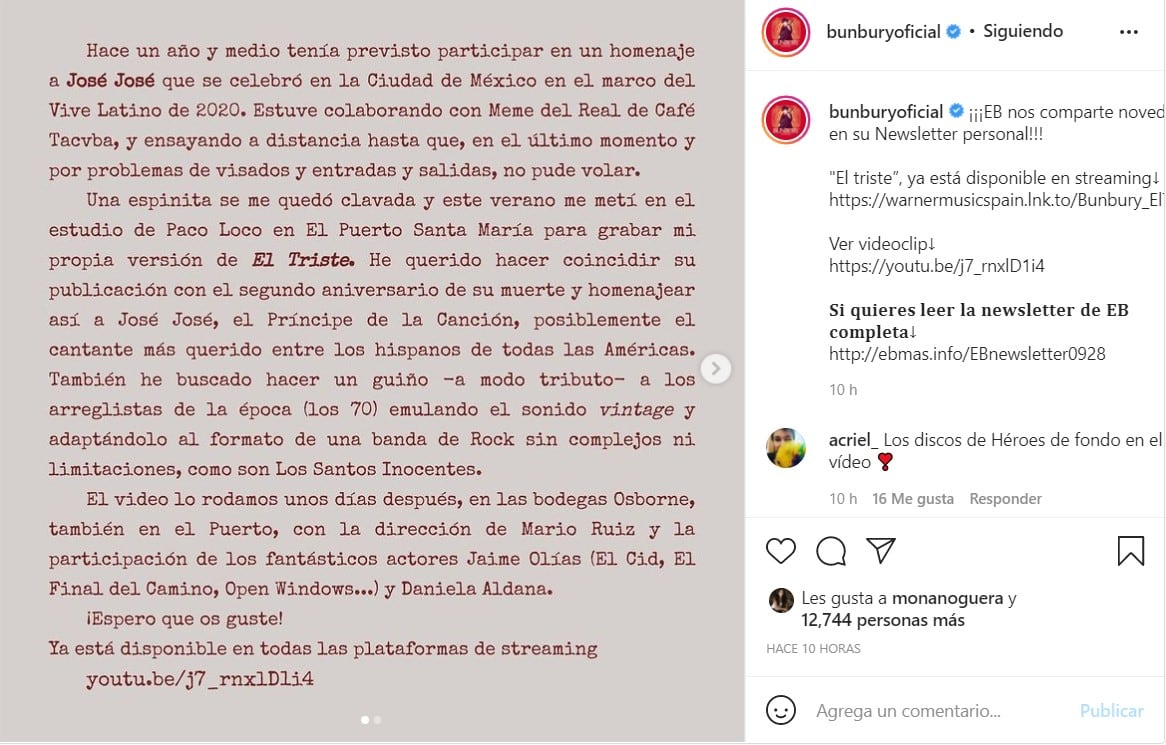 Enrique Bunbury lanza su versión de 'El Triste'