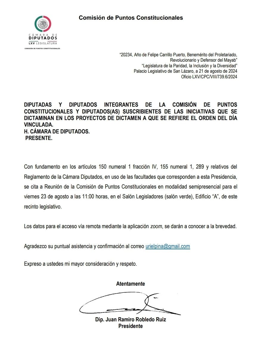 Citatorio de la Comisión de Puntos Constitucionales de la Cámara de Diputados