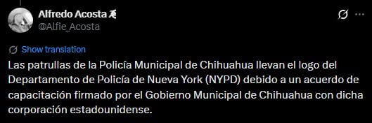 Patrullas de Chihuahua con logos de la policía de Nueva York