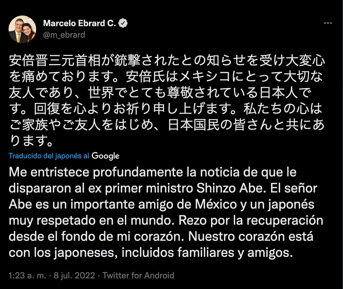 Marcelo Ebrard lamenta atentado contra Shinzo Abe