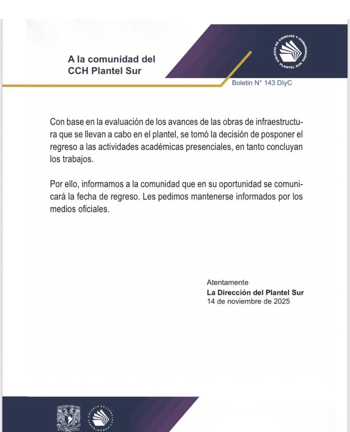 Comunicado del regreso de alumnos al CCH Sur de la UNAM.