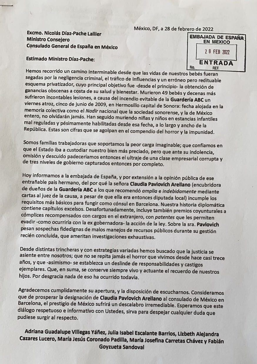 Carta entregada en la Embajada de España