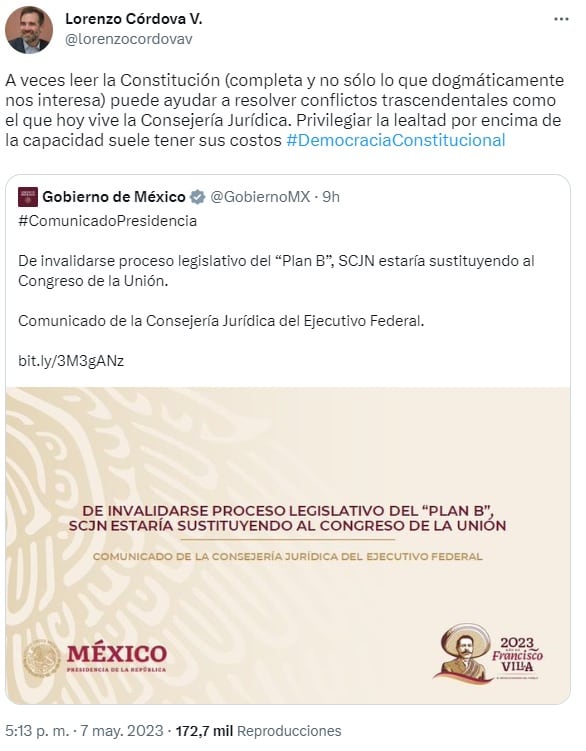 Lorenzo Córdova acusa lectura dogmática de 4T a Plan B