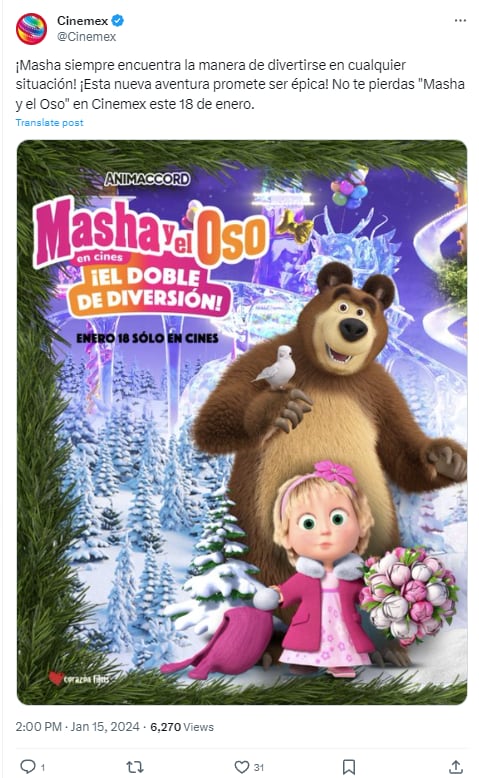 Masha y el Oso La Película, fecha de estreno en Cinemex