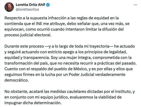 Loretta Ortiz sobre orden del INE