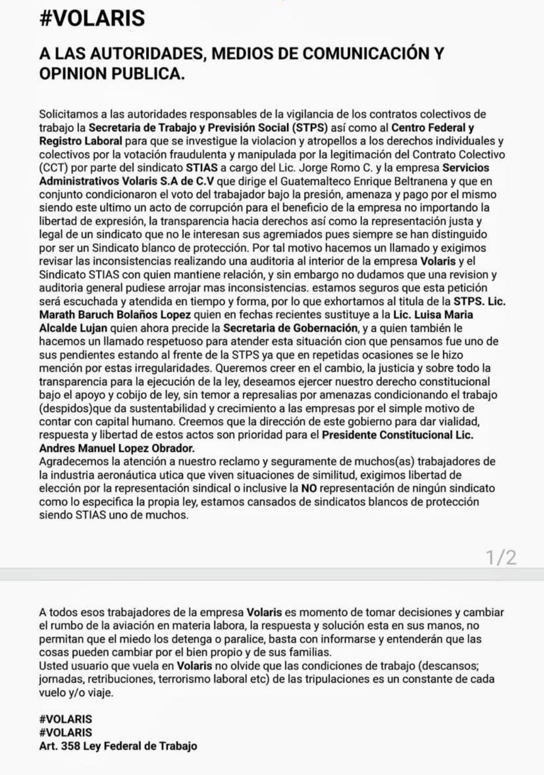 Comunicado de Volaris a la opinión publica denunciando abusos de su sindicato STIA