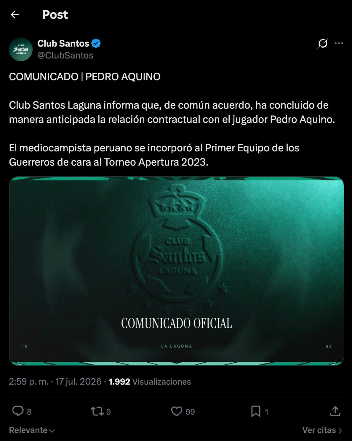 Santos Laguna anuncia la salida de Pedro Aquino